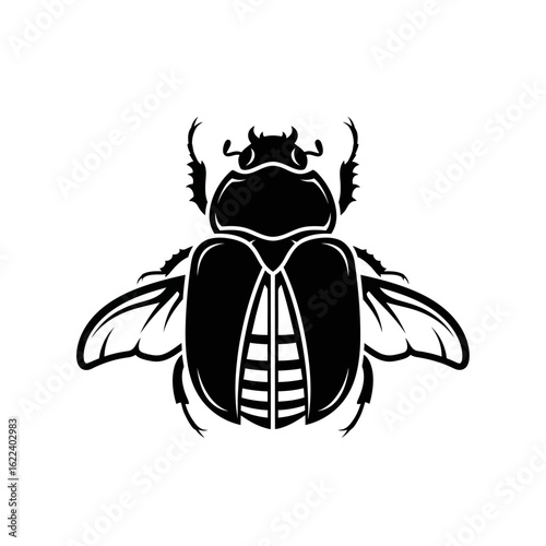 Stylized scarab beetle illustration with symmetrical design and minimalist aesthetic appeal