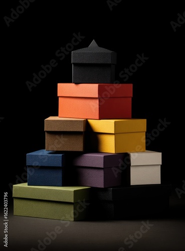 Stacked colorful gift boxes in pyramid shape on dark background