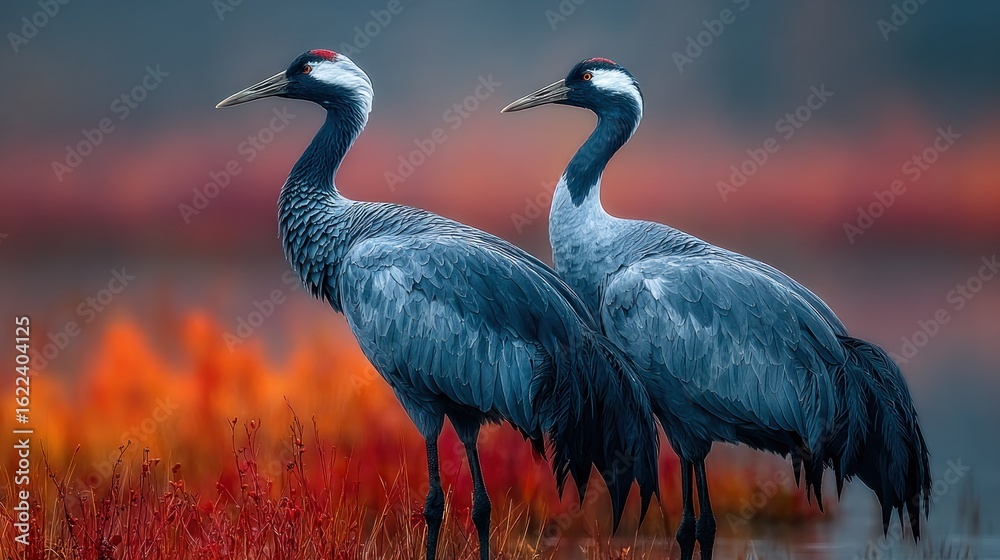 Naklejka premium Two cranes stand side-by-side against a vibrant sunset backdrop
