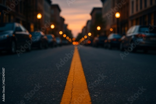 Wallpaper Mural Urban Evening Streetscape with Yellow Line and Bokeh Lights during Sunset in a Residential Neighborhood Torontodigital.ca
