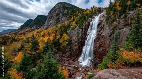 Dramatic waterfall cascading down rocky cliffs amidst vibrant autumn foliage