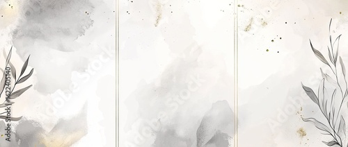 Abstract watercolor vector background with gold line drawing elements, light gray and white tones, light gray gradient on the edges of three vertical blank pages for text