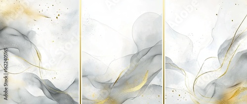 Abstract watercolor vector background with gold line drawing elements, light gray and white tones