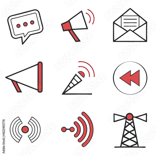 Icon Set Vector Communication Signals Megaphone Email Design in Simple Style with Red Accents