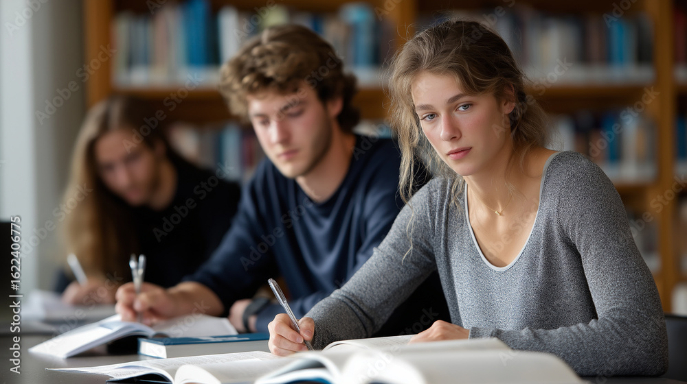 Focused Students in a College Library with Soft Lighting Focused Students in a College Library with Soft Lighting