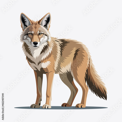 A detailed illustration of a coyote standing on a white background