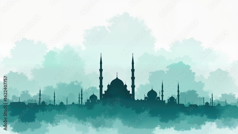 Obraz premium Teal mosque skyline silhouette in watercolor clouds