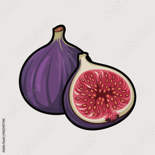 Fresh ripe purple fig cut in half revealing red flesh and seeds