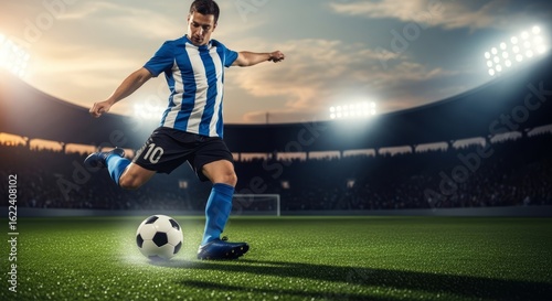A professional soccer player in a blue and white striped jersey powerfully kicks a ball on a brightly lit stadium field during a game.