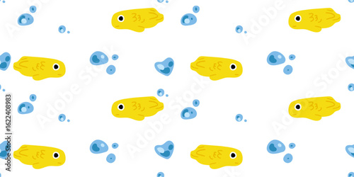 Yellow Fish Seamless Bubble Pattern. Seamless pattern with cute yellow fish and blue water bubbles in flat cartoon style. Underwater aquatic design with playful marine mood, isolated.