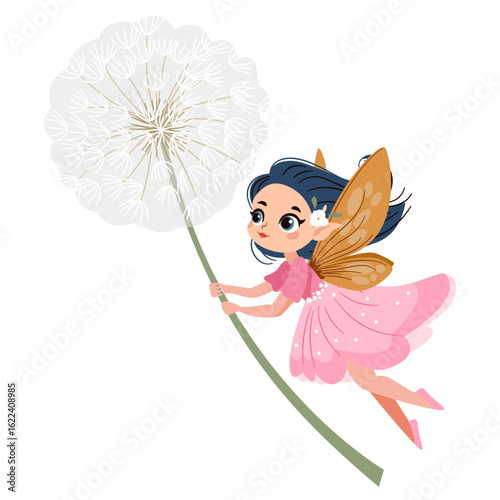 A cute fairy flying on a dandelion, flat vector illustration on a white background. Vector illustration