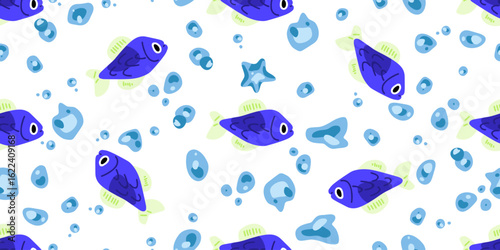 Blue Fish Sea Bubble Pattern. Seamless pattern with blue fish, water bubbles and starfish in flat cartoon style. Bright underwater design with marine animals on clean white background, isolated.