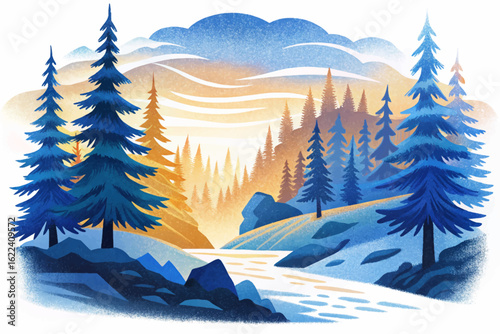 Foggy Nordic forest with tall fir trees, icy river, haunting northern landscape rendered in painting banner illustration for environmental and minimalist storytelling