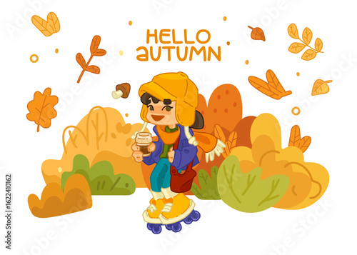 Autumn Girl Roller Skating Illustration. Cute girl in orange hat and scarf holding coffee while skating through fall leaves, flat cartoon style.