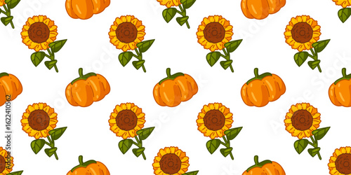 Cute Autumn Pumpkin Flower Pattern. Pumpkins and sunflowers in cartoon style. Seamless bright autumn pattern on isolated background.