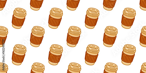 Hot Coffee Autumn Cup Pattern. Takeaway coffee cups in cartoon style. Seamless warm drink pattern on white background.