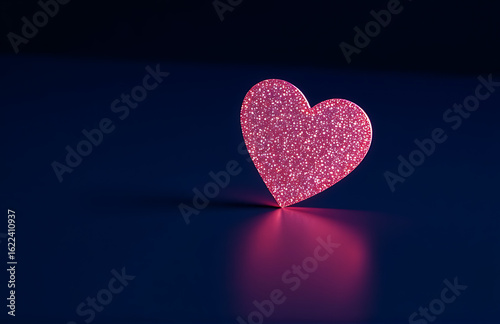delicate pink glitter heart shape shines prominently deep navy blue background illuminated soft diffused studio lighting