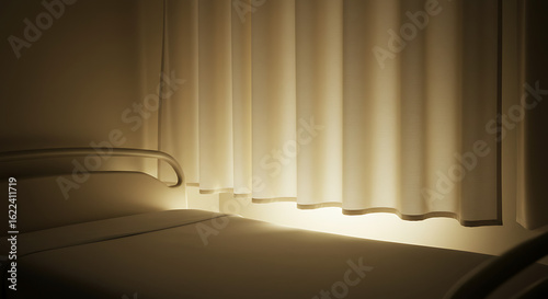 Take a photo of a hospital curtain fully drawn around an empty bed — light seeping in from below, hinting at absence. Emphasize soft textures and quiet atmosphere.

