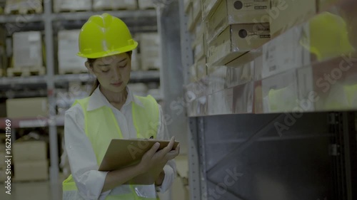 Woman in safety vest and hard hat conducts inventory inspection in warehouse, diligently taking notes on clipboard to ensure proper storage and safety compliance.

