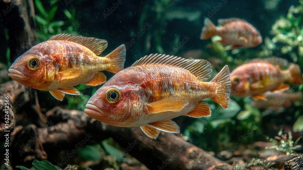 Naklejka premium Group of orange-red fish in aquarium