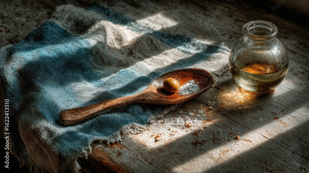 Obraz premium Wooden spoon with olive and salt, olive oil