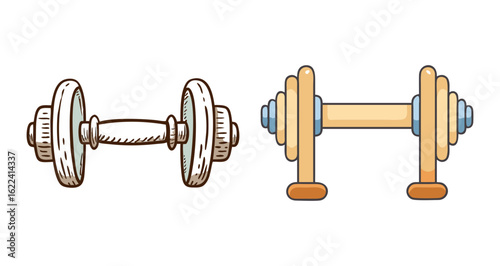 Cartoon style weightlifting dumbbell and stylized blocky dumbbell graphic illustration