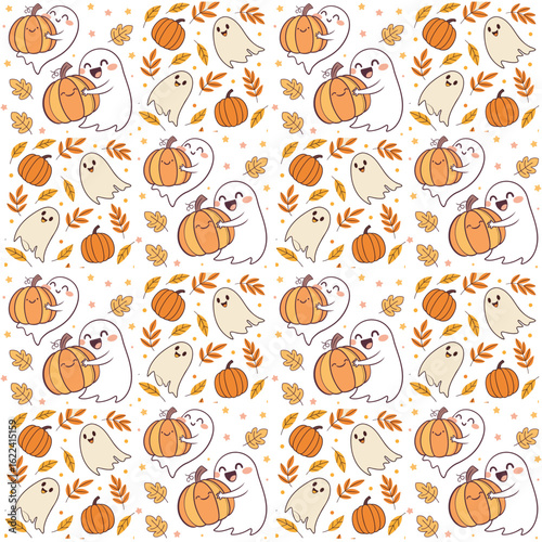 Cute Ghosts and Pumpkins Halloween Seamless Pattern – Pastel Kawaii Halloween Digital Paper. Created using Adobe Illustrator with integrated AI features (Adobe Firefly). The design is based on the art