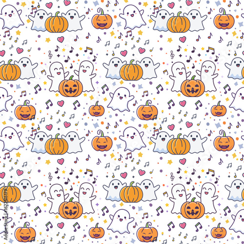 Dancing Ghosts and Pumpkins – Fun Halloween Seamless Pattern for Cards. Created using Adobe Illustrator with integrated AI features (Adobe Firefly). The design is based on the artist’s original 