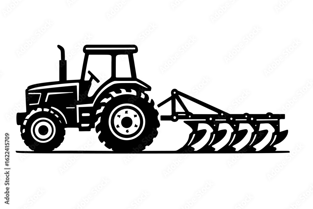 Fototapeta premium Tractor Plowing a Farm Field Vector - Black and White Illustration of Agricultural Machinery
