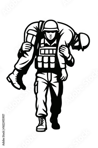 Soldier Carrying Wounded Comrade Vector Illustration - Black and White Line Art of Military Rescue