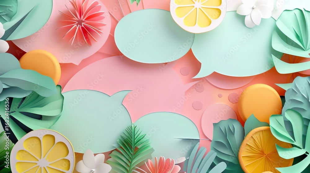 Fototapeta premium Colorful paper cutouts with tropical elements.