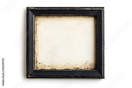 Square black picture frame with antique look and paper on a pure white background