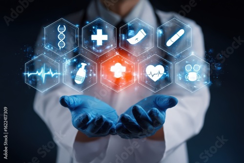 Doctor in Lab Coat with Medical Icons Floating Above Hands Representing Healthcare Technology