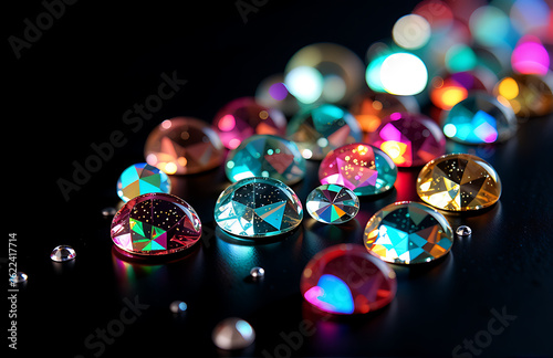 vibrant multicolored gemstones scattered across sleek black surface radiating iridescent rainbow hues soft ambient