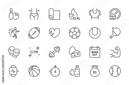 Fitness and sport icon set. Bowling, lose weight, mat, calories, pulse, basketball, running, rugby, cardio, football, kettlebell, baseball, gym, dumbbells, etc. Vector illustration. Editable stroke.