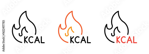 Burn calories line icon set. Fire shape symbol. Fitness, sport and gym concept. Kcal sign. Vector illustration. Flat design. Editable stroke. Isolated on a white background.