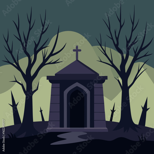Haunted cemetery mausoleum with bare trees and spooky atmosphere