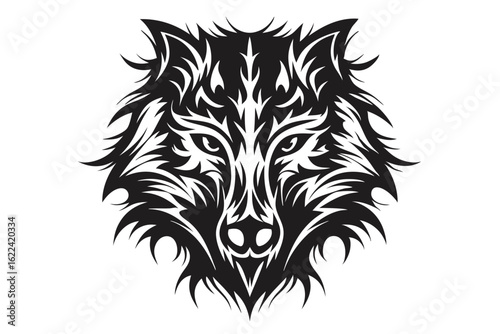 Striking black and white stylized wolf portrait presents a formidable, compelling, animalistic visage