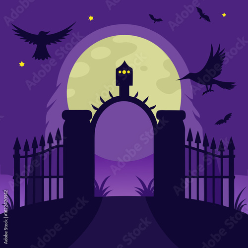 Spooky halloween night scene with crows and a full moon
