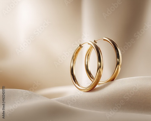 Pair Of Gold Hoop Earrings On Beige Fabric Background