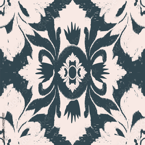 Ikat abstract blue floral pattern. Vector ethnic whimsical all over flowers seamless pattern. Ikat floral damask pattern use for fabric, textile, home decoration elements, upholstery, wrapping, etc.