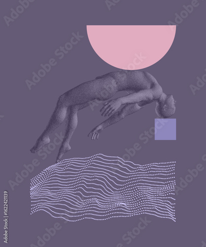Art composition. 3D model of human body floating in virtual space. Hovering in the air. Astral travelling outside the body. Spiritual concept of reincarnation. Man meets eternal. Vector for design.