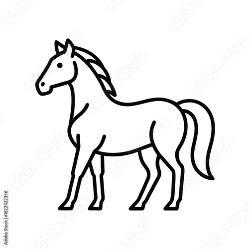 A minimalist black and white line art illustration of a horse in profile, showcasing its elegant form and flowing mane and tail.
