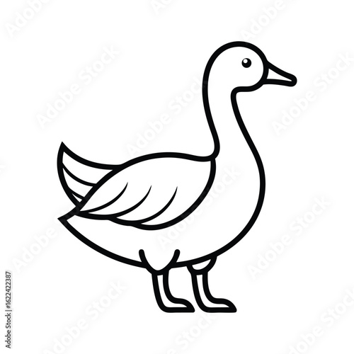 A minimalist black and white line drawing of a goose. The bird is depicted standing with its head turned to the right.