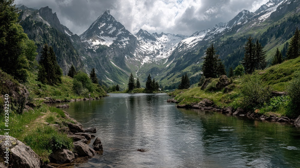 Fototapeta premium Mountain lake nestled in a valley under a dramatic sky