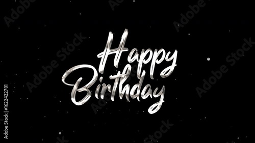 Silver happy birthday text on black background, suitable for birthday cards, invitations, social media posts, and event promotions. Celebratory design.