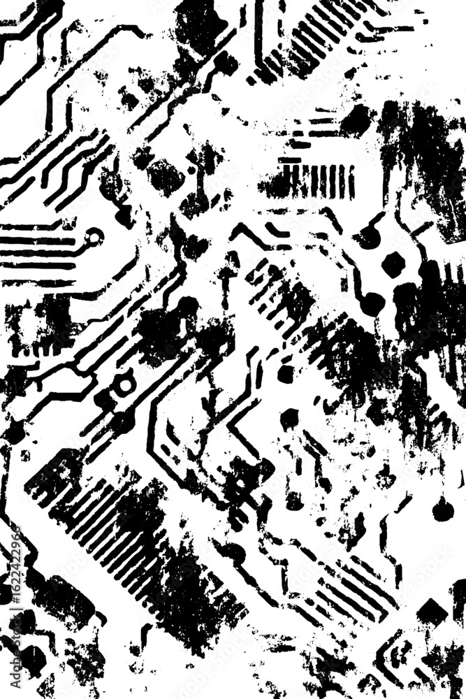 Naklejka premium Monochrome circuit board pattern with grunge effect for tech-themed design