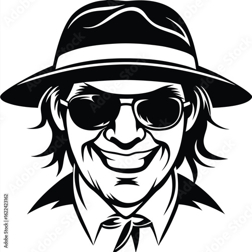 Smiling man with hat and sunglasses in black and white line art appears intriguing