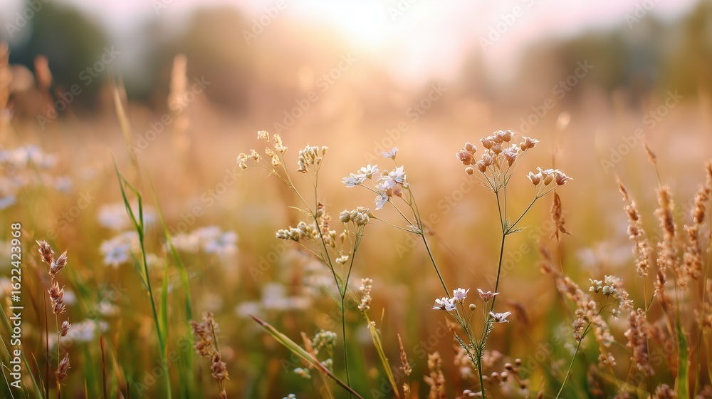Fototapeta premium Sunlight filters through a field of wildflowers during golden hour in a serene landscape