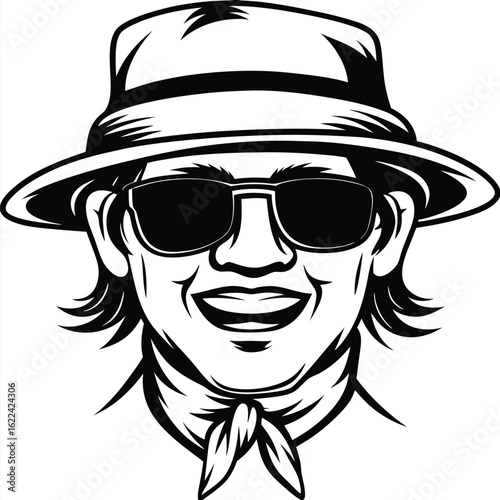 Smiling man wears sunglasses, a hat, and a neckerchief in black outline